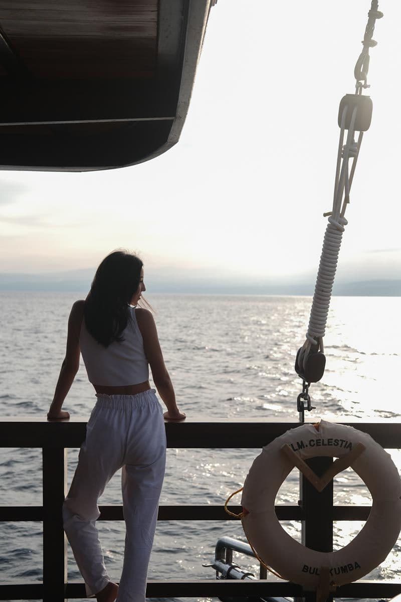 a woman stand on the deck, sunrise view