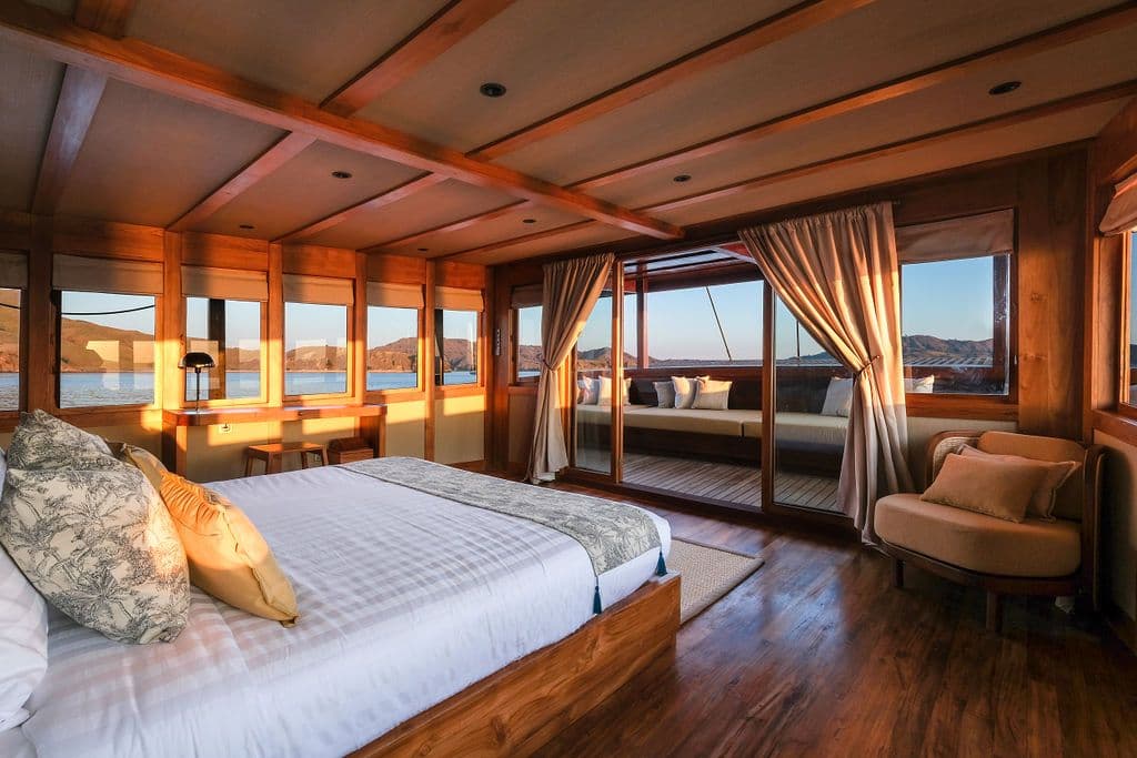 stateroom at celestia boat, wooden exterior, sunrise view from the deck