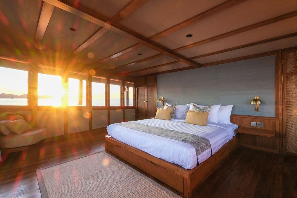 stateroom at celestia boat, wooden exterior, sunlight from the window